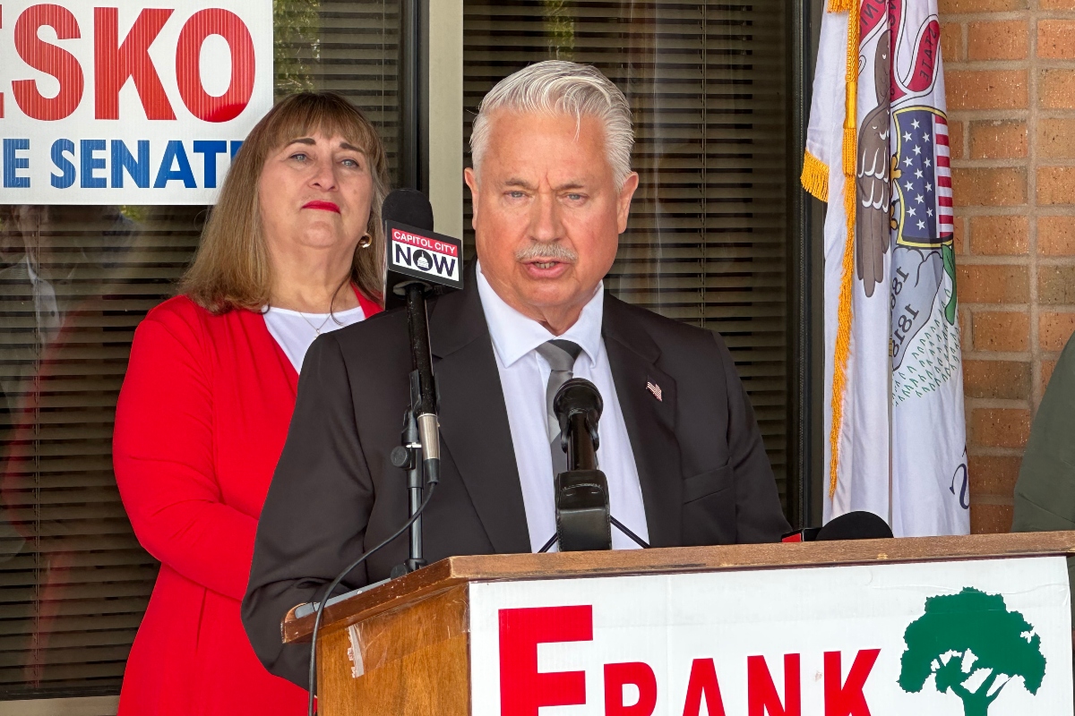 Frank Lesko, State Senate candidate, makes his campaign announcement Tuesday as Dianne Barghouti Hardwick, Sangamon County Republican Party Chair, looks on.