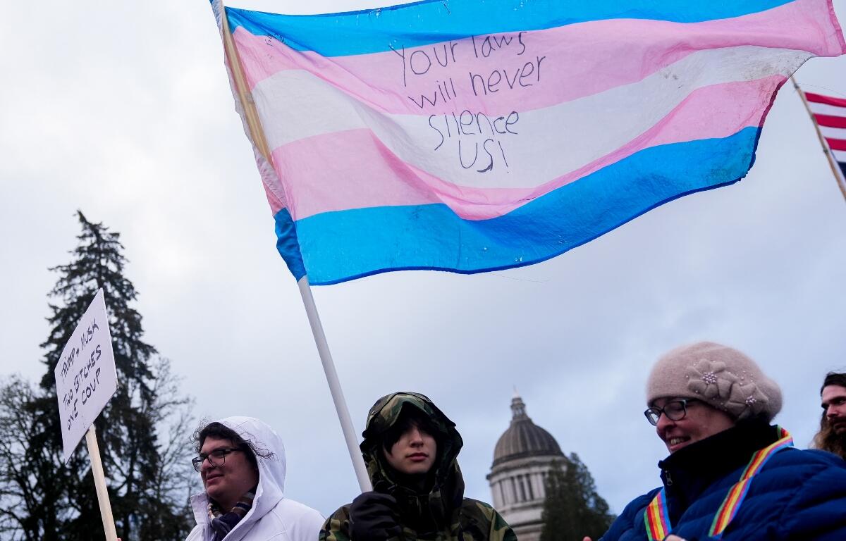 FILE - Liv Y., center, holds a transgender pride flag as people gather to protest against the Trump administration and Project 2025 near the Washington State Capitol building, in in Olympia, Wash., Feb. 5, 2025. (AP Photo/Lindsey Wasson, File)