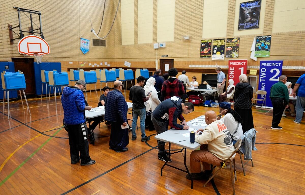 FILE - Voters wait to receive their ballots at a polling place at McDonald Elementary School, Nov. 5, 2024, in Dearborn, Mich. (AP Photo/Charlie Neibergall, File)