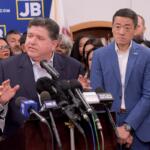 Texas House Democrats join Illinois Governor JB Pritzker speaks about the Texas Republican plans to redraw the House map during a press conference at the Democratic Party of DuPage County office in Carol Stream, IL on Sunday, Aug. 3, 2025. (AP Photo/Mark Black)