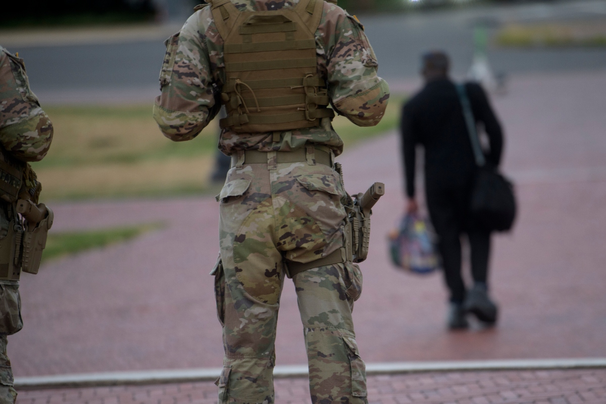 Armed members of the South Carolina National Guard are positioned outside of Union Station in Washington, Sunday, Aug. 24, 2025. (AP Photo/Rod Lamkey, Jr.)