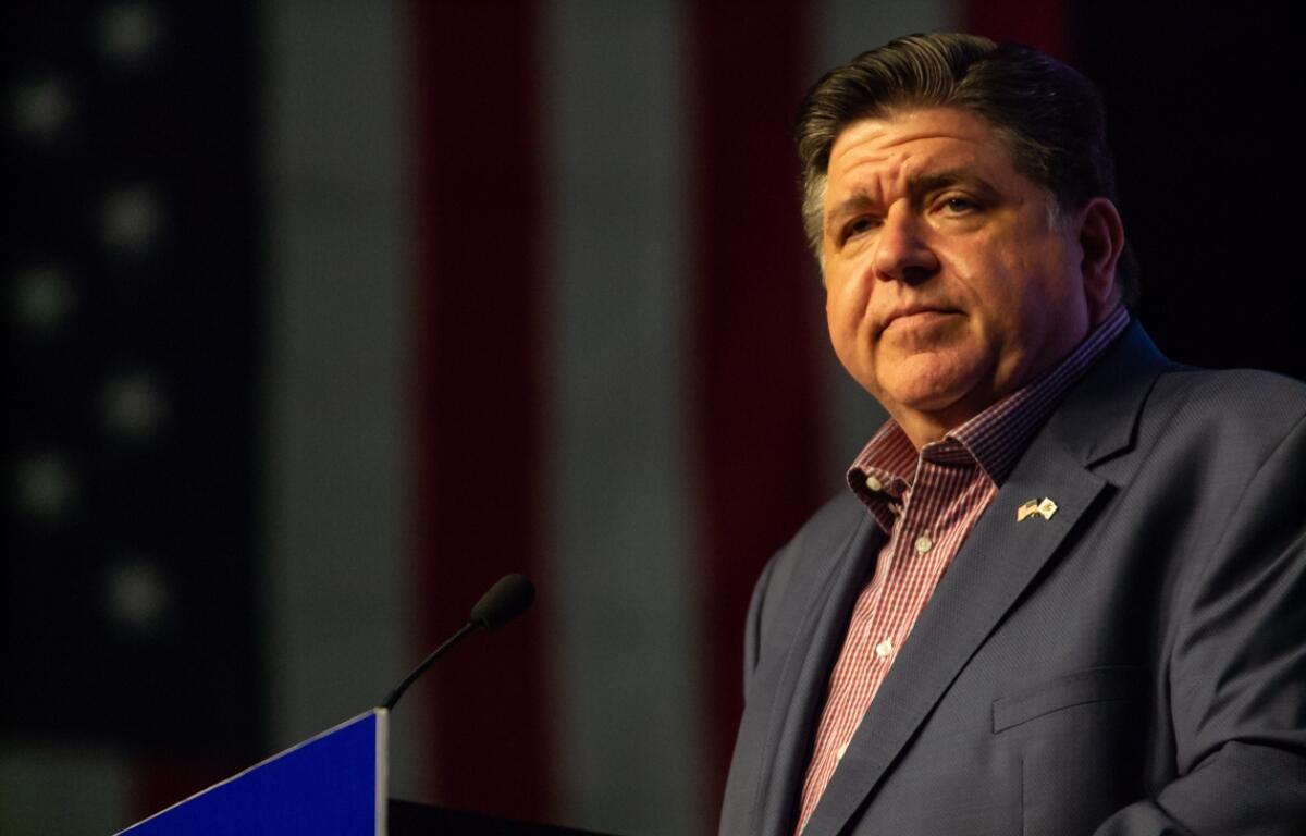 Gov. JB Pritzker speaks at the Illinois Democratic County Chairs’ Association annual breakfast meeting in Springfield on Aug. 13, 2025. (Capitol News Illinois photo by Jerry Nowicki)