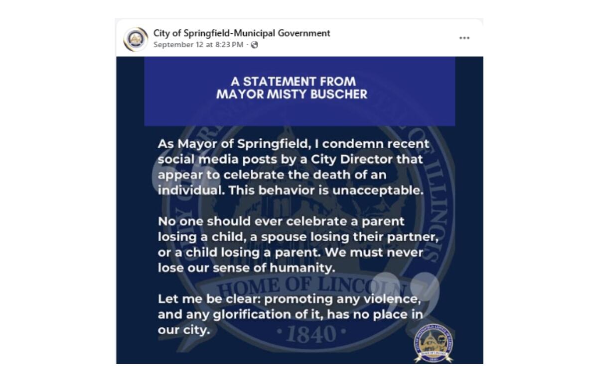 Mayor Misty Buscher's statement after a city staffer publicly "celebrated" the death of Charlie Kirk on social media.