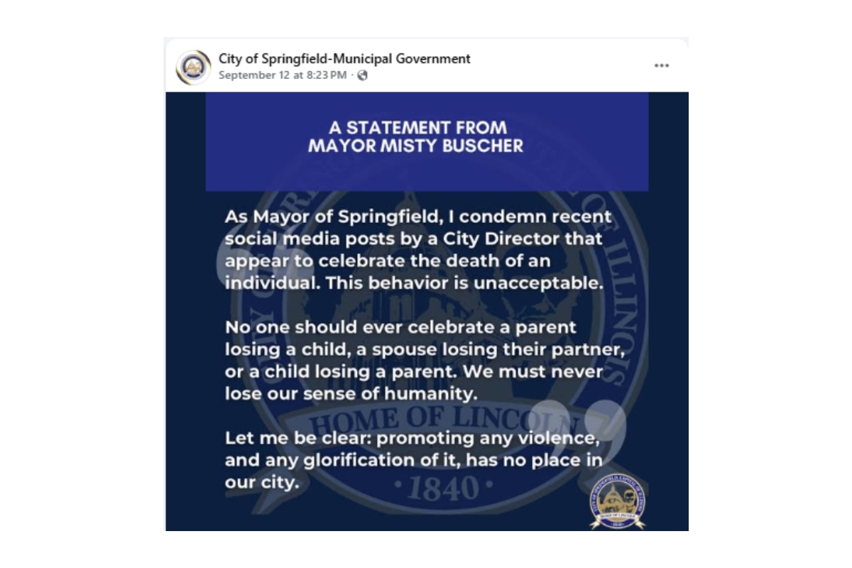 Mayor Misty Buscher's statement after a city staffer publicly "celebrated" the death of Charlie Kirk on social media.