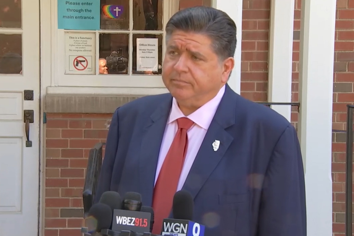 Governor JB Pritzker spoke to reporters Tuesday in the Chicago suburb of Oak Park.