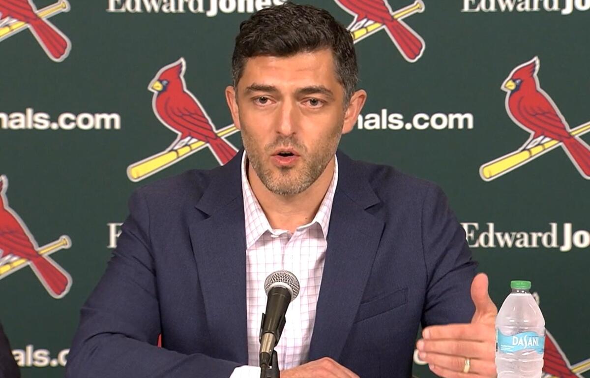 A screenshot of a St. Louis Cardinals press conference announcing Chaim Bloom as the new President of Baseball Operations.