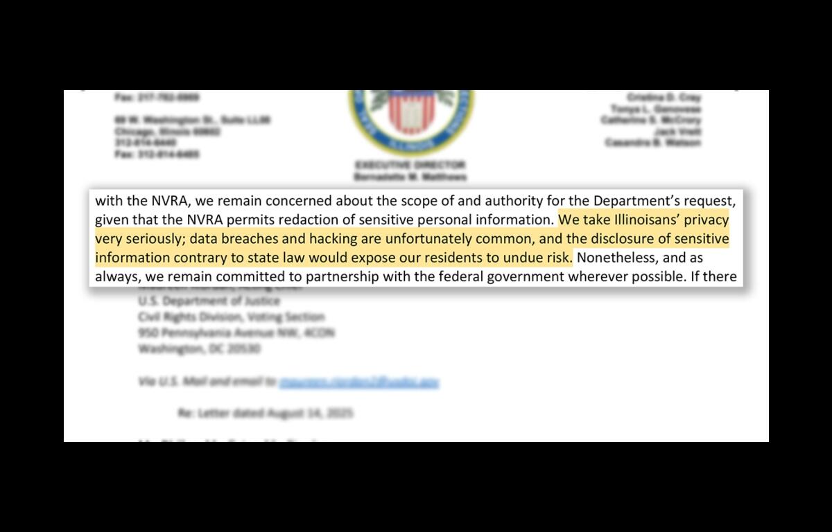 A letter from the Illinois State Board of Elections to the U.S. Department of Justice outlines the state’s concerns with the department’s efforts to collect sensitive voter data. (Capitol News Illinois illustration by Andrew Adams)