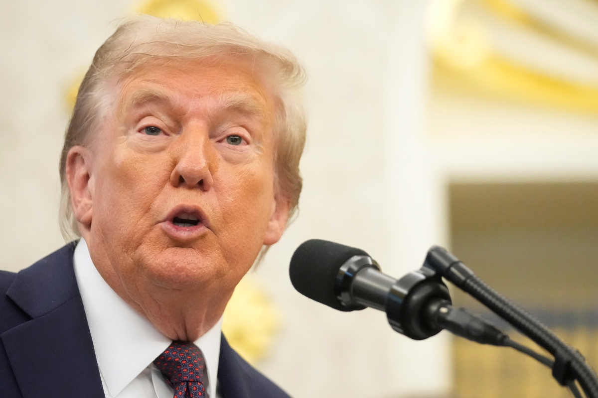 President Donald Trump speaks during an event about the relocation of U.S. Space Command headquarters from Colorado to Alabama in the Oval Office of the White House, Tuesday, Sept. 2, 2025, in Washington. (AP Photo/Mark Schiefelbein)