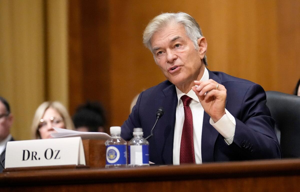 FILE - Dr. Mehmet Oz, President Donald Trump's pick to lead the Centers for Medicare and Medicaid Services, testifies at his confirmation hearing before the Senate Finance Committee on Capitol Hill in Washington, March 14, 2025. (AP Photo/Ben Curtis, File)