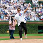 Former Chicago Cubs player Anthony Rizzo throws out a ceremonial first pitch before a baseball game between the Tampa Bay Rays and Chicago Cubs, Saturday, Sept. 13, 2025, in Chicago. (AP Photo/Kamil Krzaczynski)