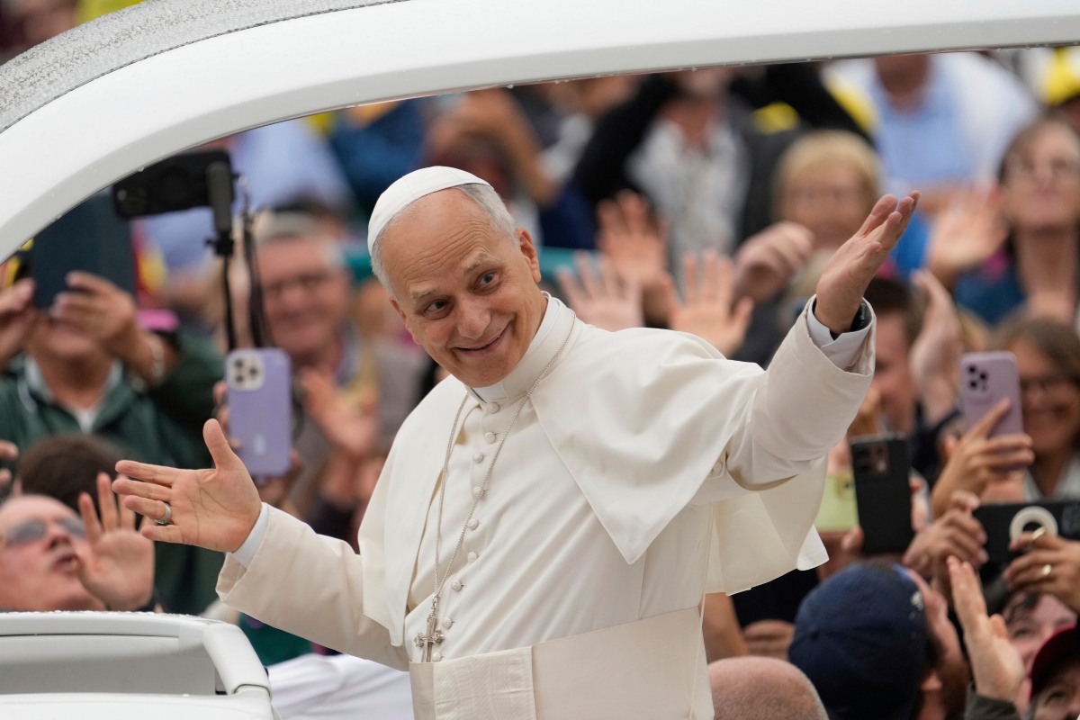 FILE - Pope Leo XIV arrives for his weekly general audience in St. Peter's Square, at the Vatican, Wednesday, Sept. 10, 2025. (AP Photo/Gregorio Borgia, File)