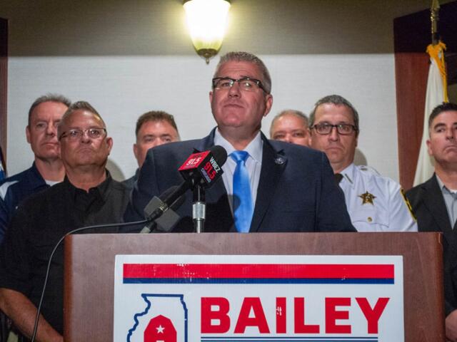 State Sen. Darren Bailey appears at a news conference alongside law enforcement officers during his 2022 campaign for governor. (Capitol News Illinois photo by Jerry Nowicki)