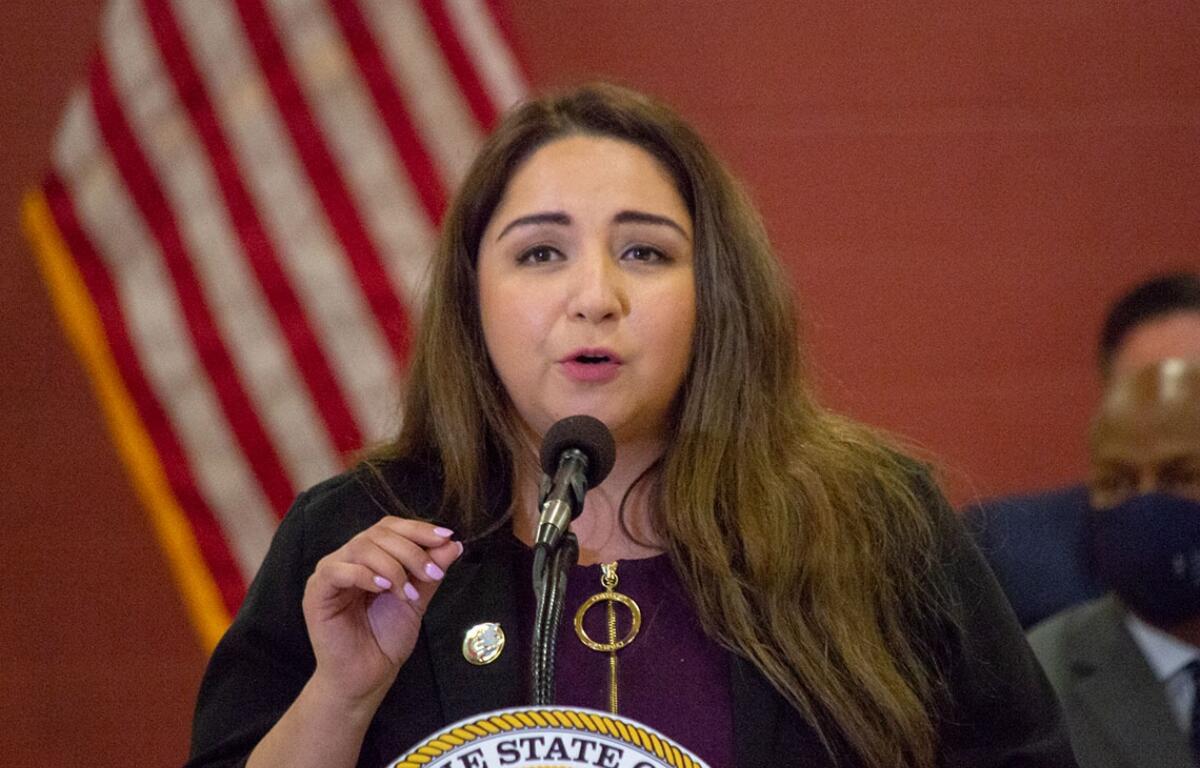 U.S. Rep. Delia Ramirez, a Chicago Democrat, is pictured at a news conference in Springfield in 2022, when she served as a state representative. (Capitol News Illinois photo by Jerry Nowicki)