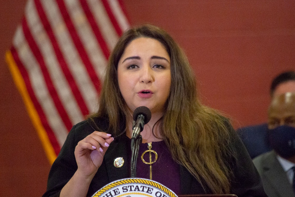 U.S. Rep. Delia Ramirez, a Chicago Democrat, is pictured at a news conference in Springfield in 2022, when she served as a state representative. (Capitol News Illinois photo by Jerry Nowicki)