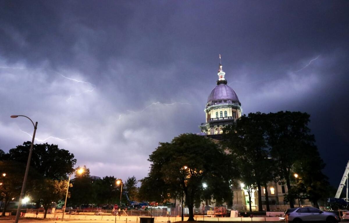 Storm clouds overlook the Illinois Capitol in Springfield in 2024. (Capitol News Illinois photo by Andrew Adams)
