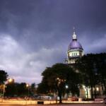 Storm clouds overlook the Illinois Capitol in Springfield in 2024. (Capitol News Illinois photo by Andrew Adams)