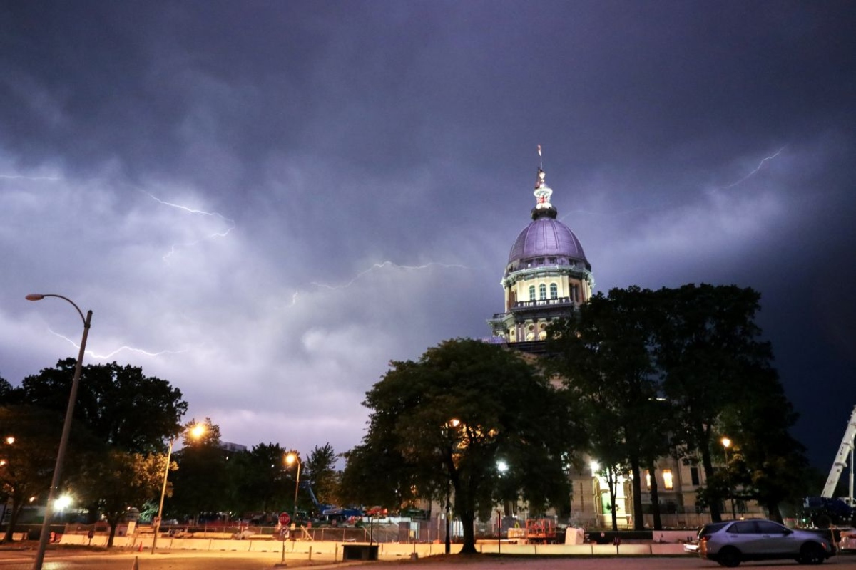 Storm clouds overlook the Illinois Capitol in Springfield in 2024. (Capitol News Illinois photo by Andrew Adams)