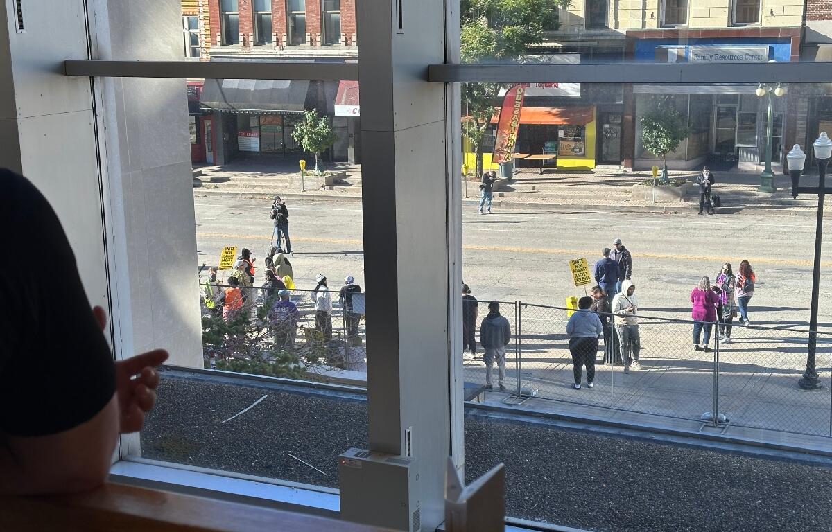 People could be seen rallying near Main and Jefferson Streets in Peoria Monday morning, from a second floor window of the Peoria County Courthouse. Seen are only part of those who showed up.