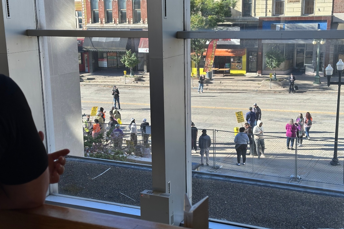 People could be seen rallying near Main and Jefferson Streets in Peoria Monday morning, from a second floor window of the Peoria County Courthouse. Seen are only part of those who showed up.