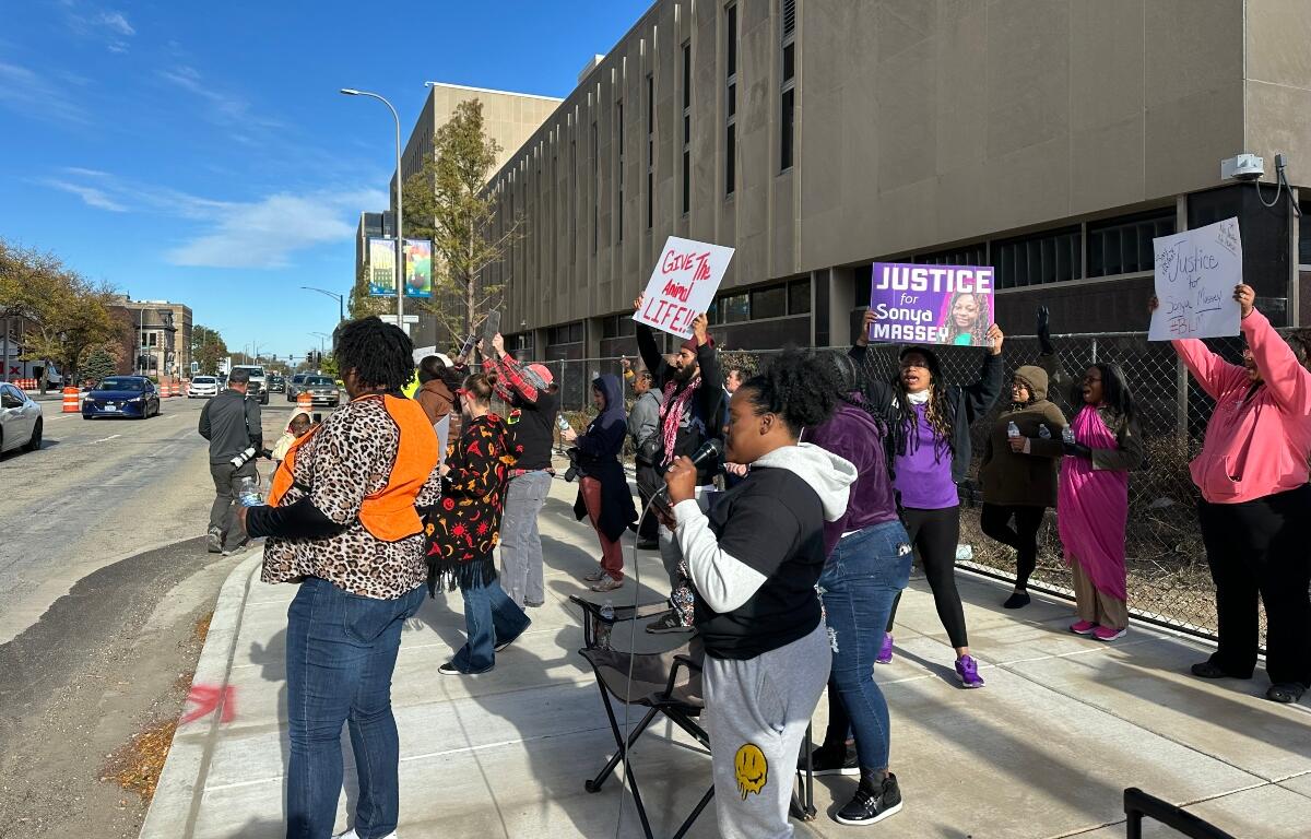 A small portion of people who showed up outside the Peoria County Courthouse Wednesday afternoon for a rally after the first day of testimony in the Sonya Massey trial.