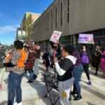 A small portion of people who showed up outside the Peoria County Courthouse Wednesday afternoon for a rally after the first day of testimony in the Sonya Massey trial.