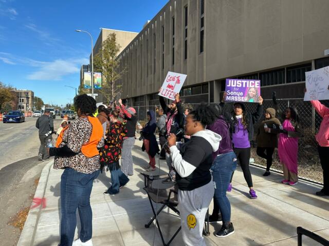 A small portion of people who showed up outside the Peoria County Courthouse Wednesday afternoon for a rally after the first day of testimony in the Sonya Massey trial.