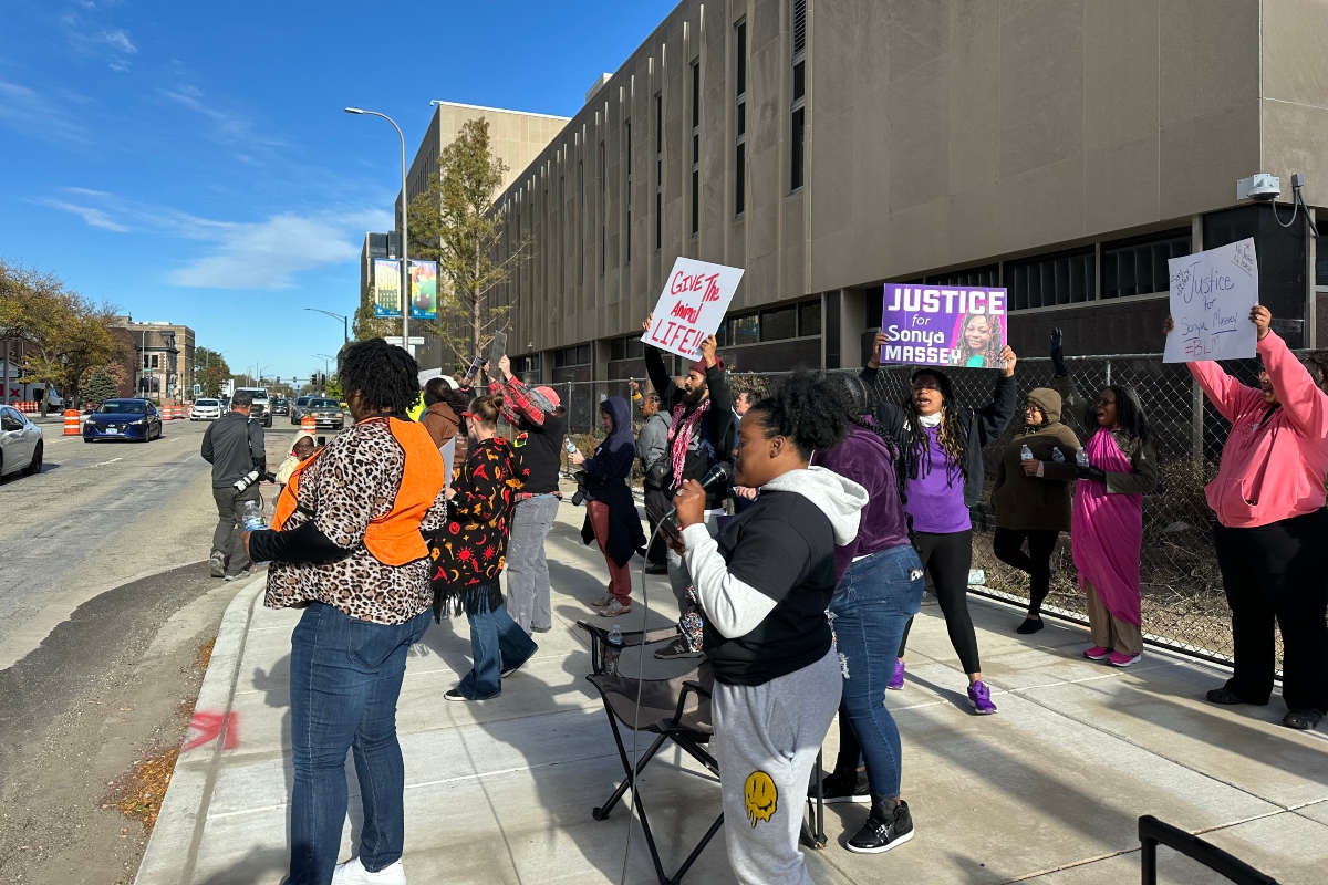 A small portion of people who showed up outside the Peoria County Courthouse Wednesday afternoon for a rally after the first day of testimony in the Sonya Massey trial.
