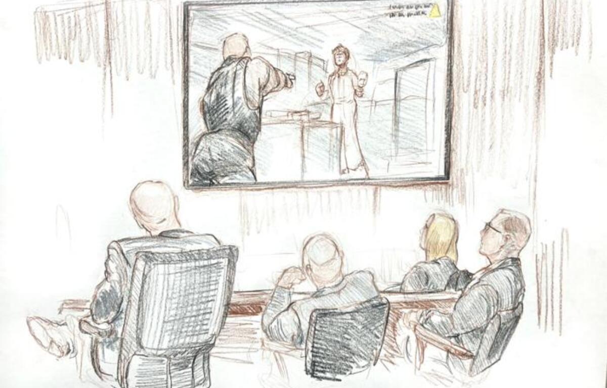 In this sketch, you can see the defense team including Sean Grayson watching as bodycam video is played in court.