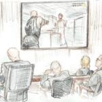 In this sketch, you can see the defense team including Sean Grayson watching as bodycam video is played in court.