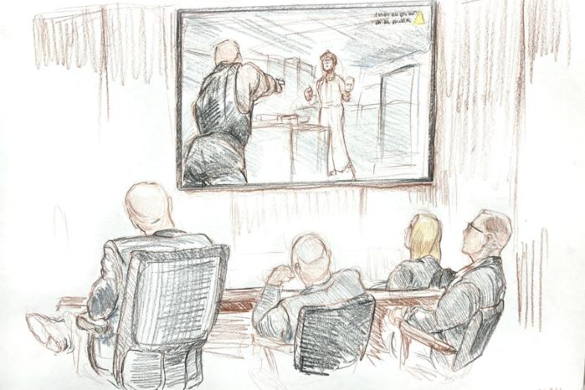 In this sketch, you can see the defense team including Sean Grayson watching as bodycam video is played in court.