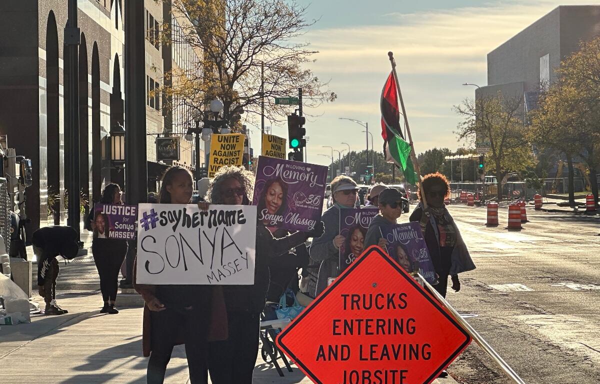 Supporters of Sonya Massey rally Monday afternoon outside the Peoria County Courthouse, at Main and Jefferson Streets.