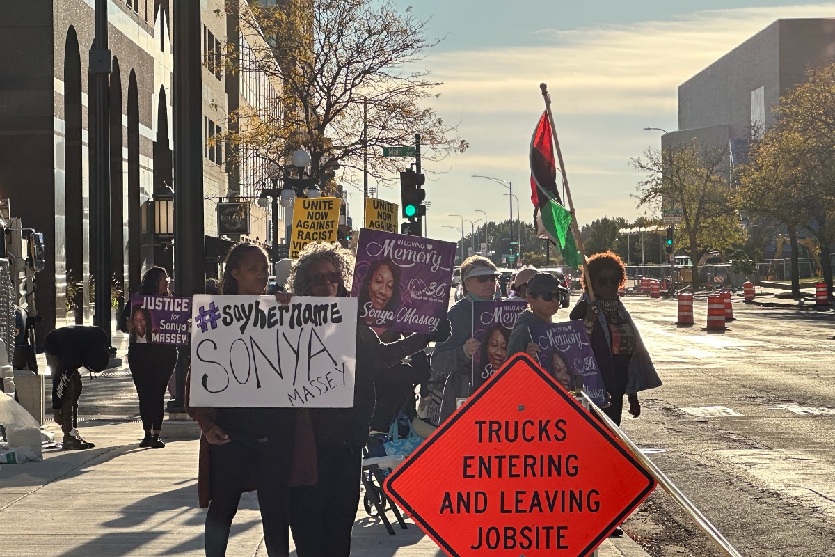Supporters of Sonya Massey rally Monday afternoon outside the Peoria County Courthouse, at Main and Jefferson Streets.