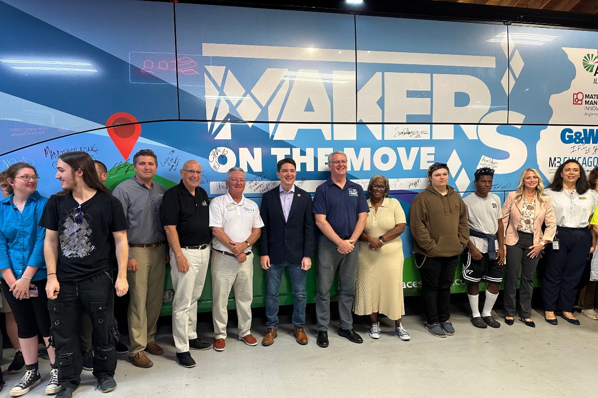 The bus used in the "Makers on the Move" bus tour is displayed at Ace Sign Company Monday.