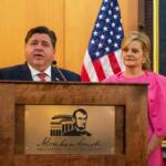 Gov. JB Pritzker and wife MK are pictured at an event at the Abraham Lincoln Presidential Library in Springfield in April 2024. (Capitol News Illinois photo by Jerry Nowicki)