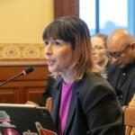 Rep. Eva-Dina Delgado, D-Chicago, speaks in an Illinois House committee about a public transportation reform bill on May 31, 2025. (Capitol News Illinois photo by Andrew Adams)