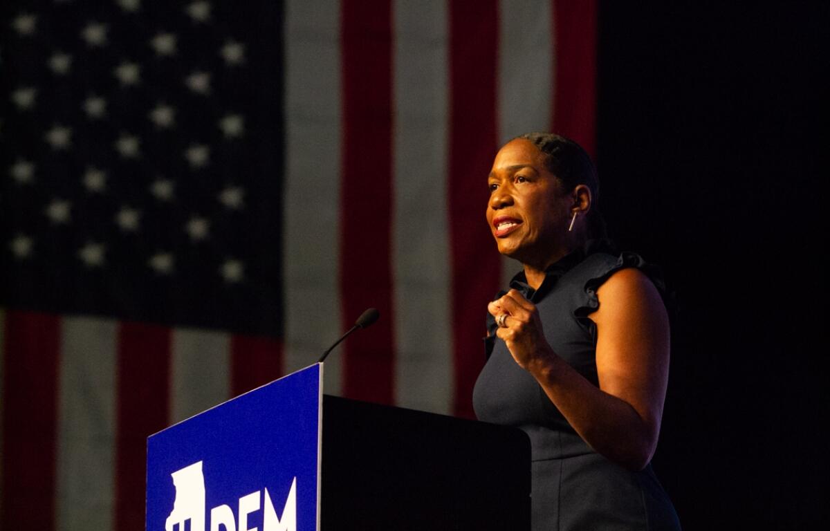 Lt. Gov. Juliana Stratton speaks at the Illinois Democratic County Chairs’ Association’s annual brunch in August 2025 at the Bank of Springfield Center. (Capitol News Illinois photo by Jerry Nowicki)