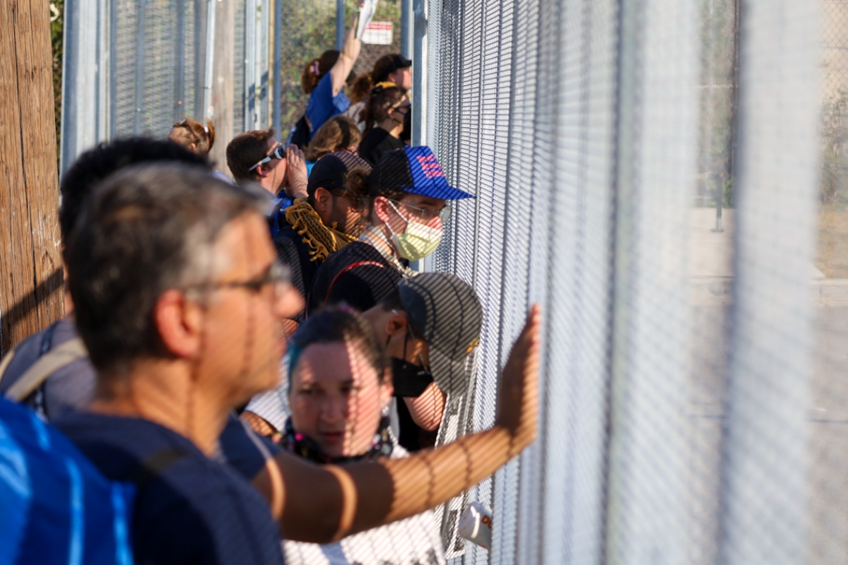 Protesters and reporters gathered outside an immigration enforcement facility in Broadview, Illinois, on Saturday, Oct. 4. (Capitol News Illinois photo by Andrew Adams)