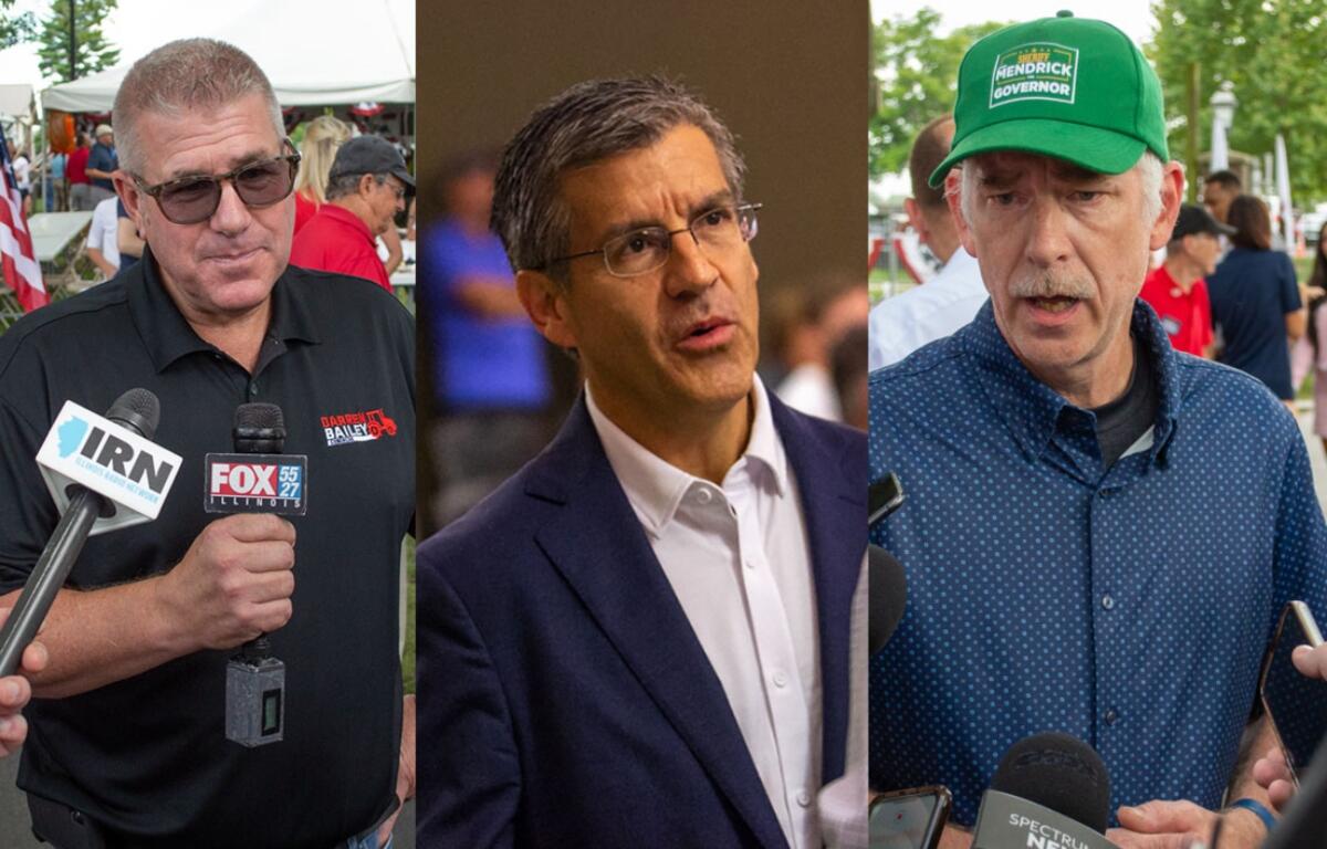 The Republican candidates for governor who are leading the fundraising race include former state Sen. Darren Bailey, conservative researcher Ted Dabrowski and DuPage County Sheriff James Mendrick. (Capitol News Illinois photos and illustration by Jerry Nowicki)