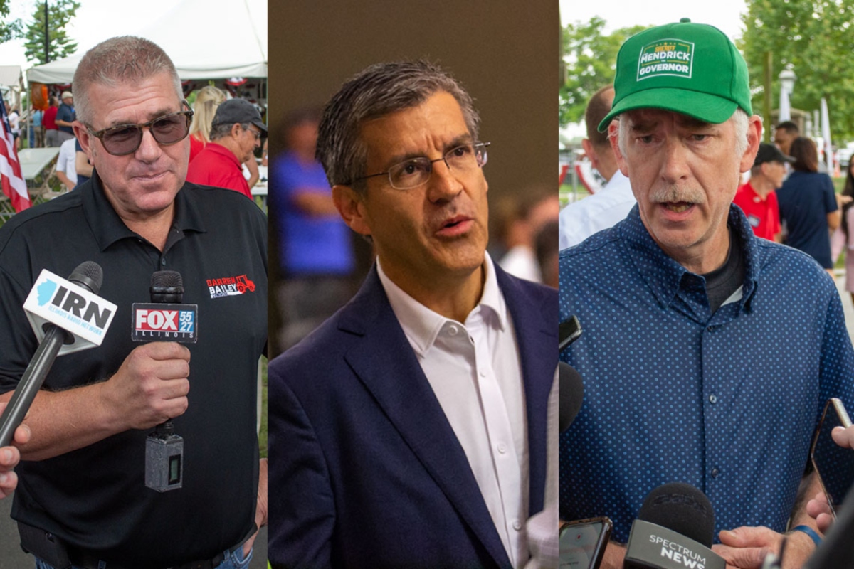 The Republican candidates for governor who are leading the fundraising race include former state Sen. Darren Bailey, conservative researcher Ted Dabrowski and DuPage County Sheriff James Mendrick. (Capitol News Illinois photos and illustration by Jerry Nowicki)