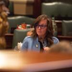 State Rep. Katie Stuart presents her bill aimed at protecting public officials from doxing on the Illinois House floor on Tuesday, Oct. 28, 2025. (Capitol News Illinois photo by Jerry Nowicki)