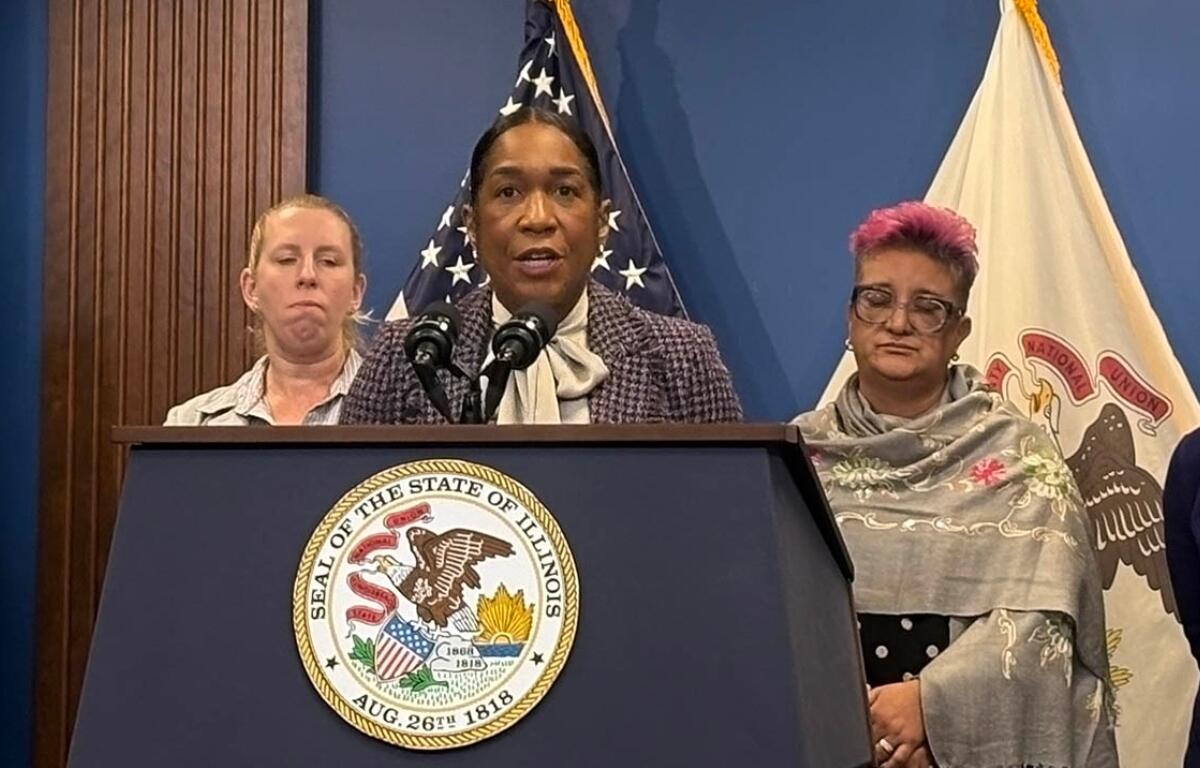 Lt. Gov. Juliana Stratton speaks on Oct. 30 with food assistance advocates and Supplemental Nutrition Assistance Program recipients about the impact of a looming federal cutoff in SNAP funding. (Capitol News Illinois photo by Maggie Dougherty)