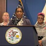 Lt. Gov. Juliana Stratton speaks on Oct. 30 with food assistance advocates and Supplemental Nutrition Assistance Program recipients about the impact of a looming federal cutoff in SNAP funding. (Capitol News Illinois photo by Maggie Dougherty)