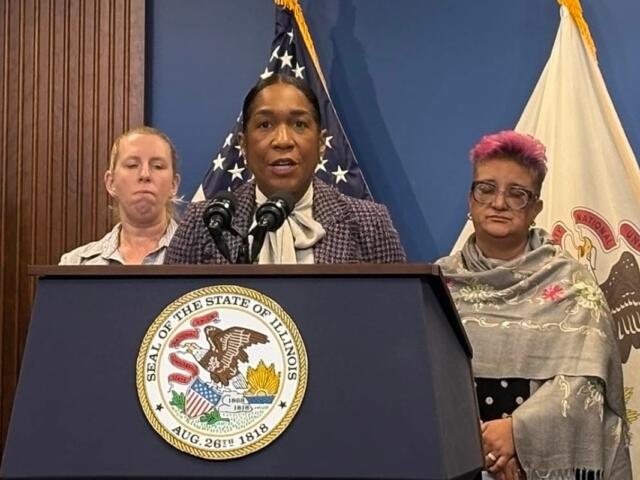 Lt. Gov. Juliana Stratton speaks on Oct. 30 with food assistance advocates and Supplemental Nutrition Assistance Program recipients about the impact of a looming federal cutoff in SNAP funding. (Capitol News Illinois photo by Maggie Dougherty)