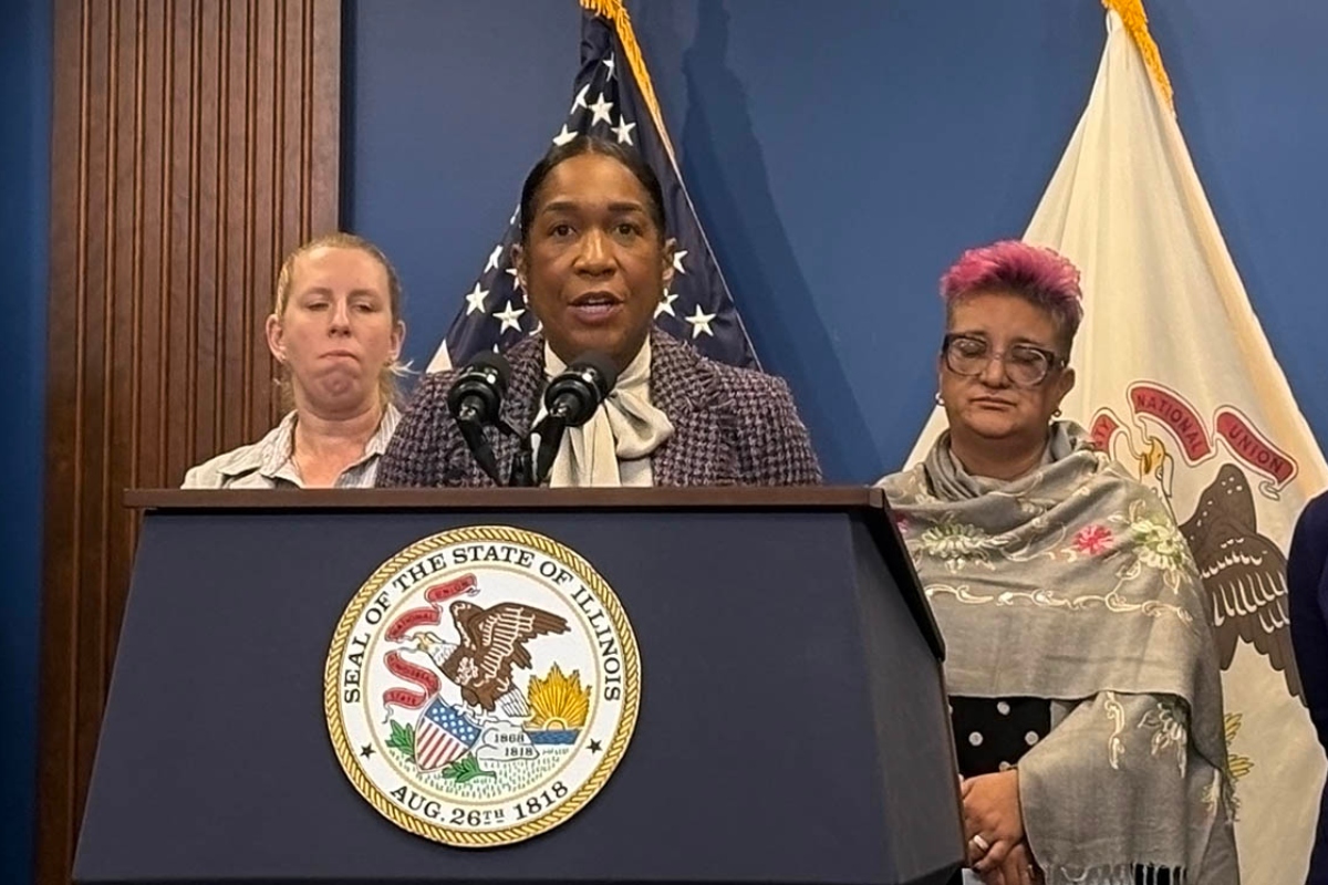 Lt. Gov. Juliana Stratton speaks on Oct. 30 with food assistance advocates and Supplemental Nutrition Assistance Program recipients about the impact of a looming federal cutoff in SNAP funding. (Capitol News Illinois photo by Maggie Dougherty)