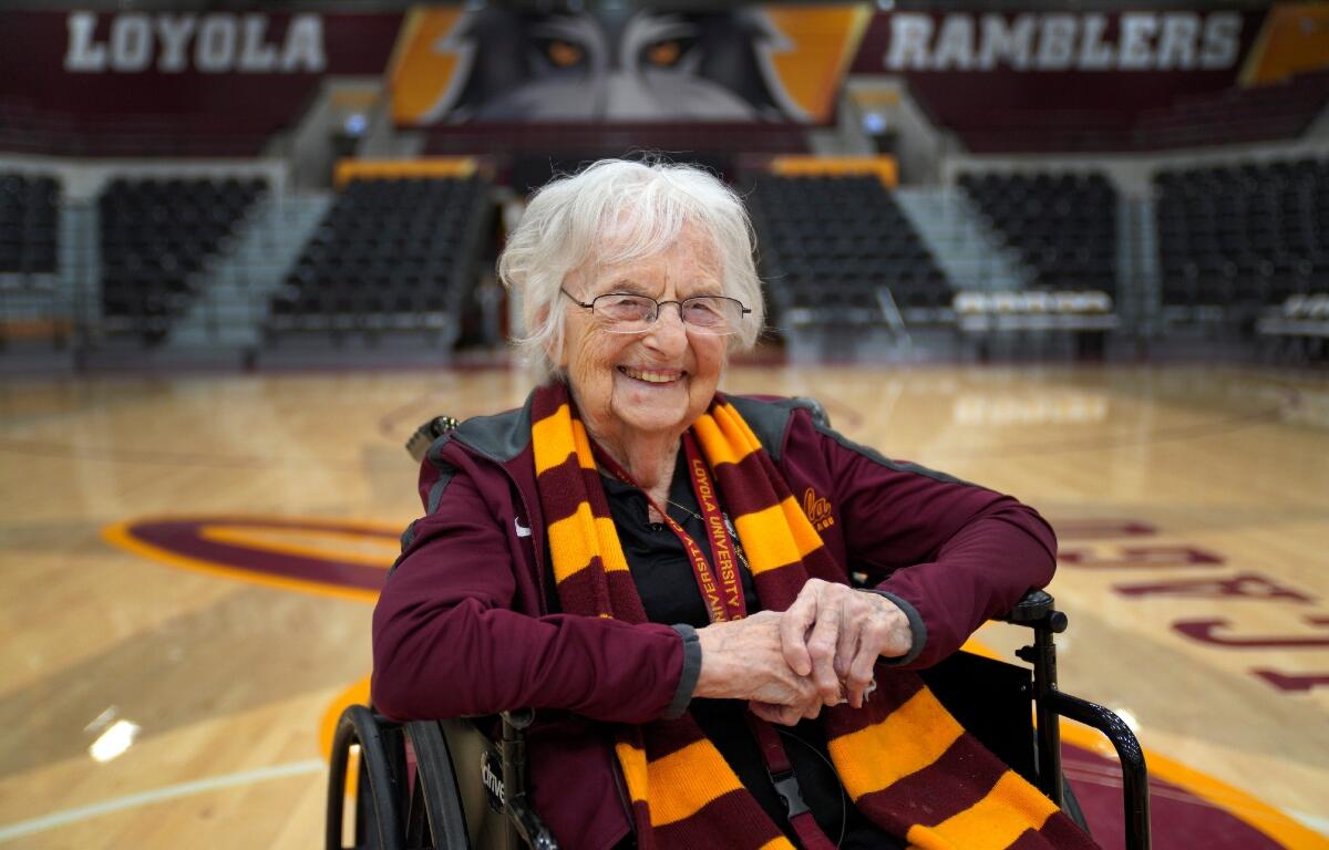 FILE - Sister Jean Dolores Schmidt, the Loyola University men's basketball chaplain and school celebrity, sits for a portrait in The Joseph J. Gentile Arena, on Monday, Jan. 23, 2023, in Chicago. T(AP Photo/Jessie Wardarski, file)