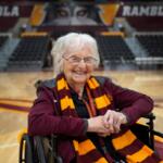 FILE - Sister Jean Dolores Schmidt, the Loyola University men's basketball chaplain and school celebrity, sits for a portrait in The Joseph J. Gentile Arena, on Monday, Jan. 23, 2023, in Chicago. T(AP Photo/Jessie Wardarski, file)