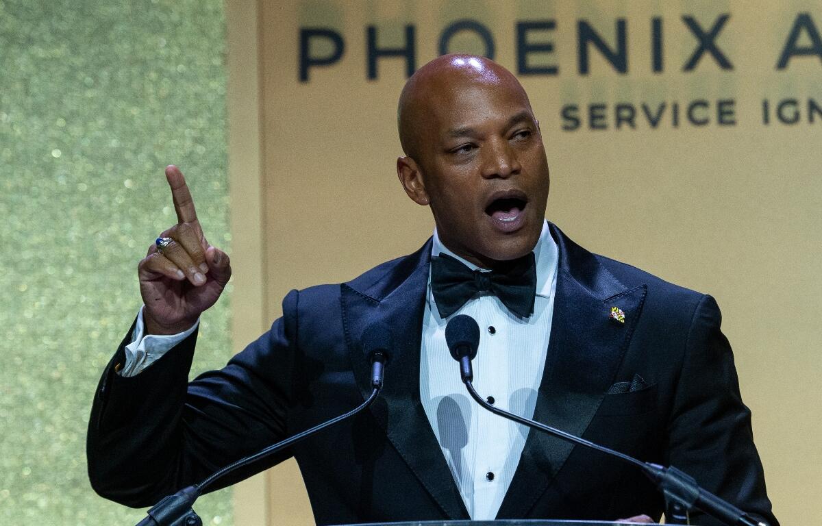 Maryland Gov. Wes Moore speaks during the Congressional Black Caucus Foundation Phoenix Awards Dinner, in Washington, Saturday, Sept. 27, 2025. (AP Photo/Cliff Owen)