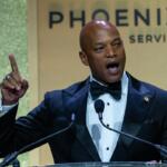 Maryland Gov. Wes Moore speaks during the Congressional Black Caucus Foundation Phoenix Awards Dinner, in Washington, Saturday, Sept. 27, 2025. (AP Photo/Cliff Owen)