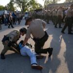 Law enforcement detains a protester near an Immigration and Customs Enforcement facility in Broadview, Ill., Friday, Oct. 3, 2025. (AP Photo/Erin Hooley)