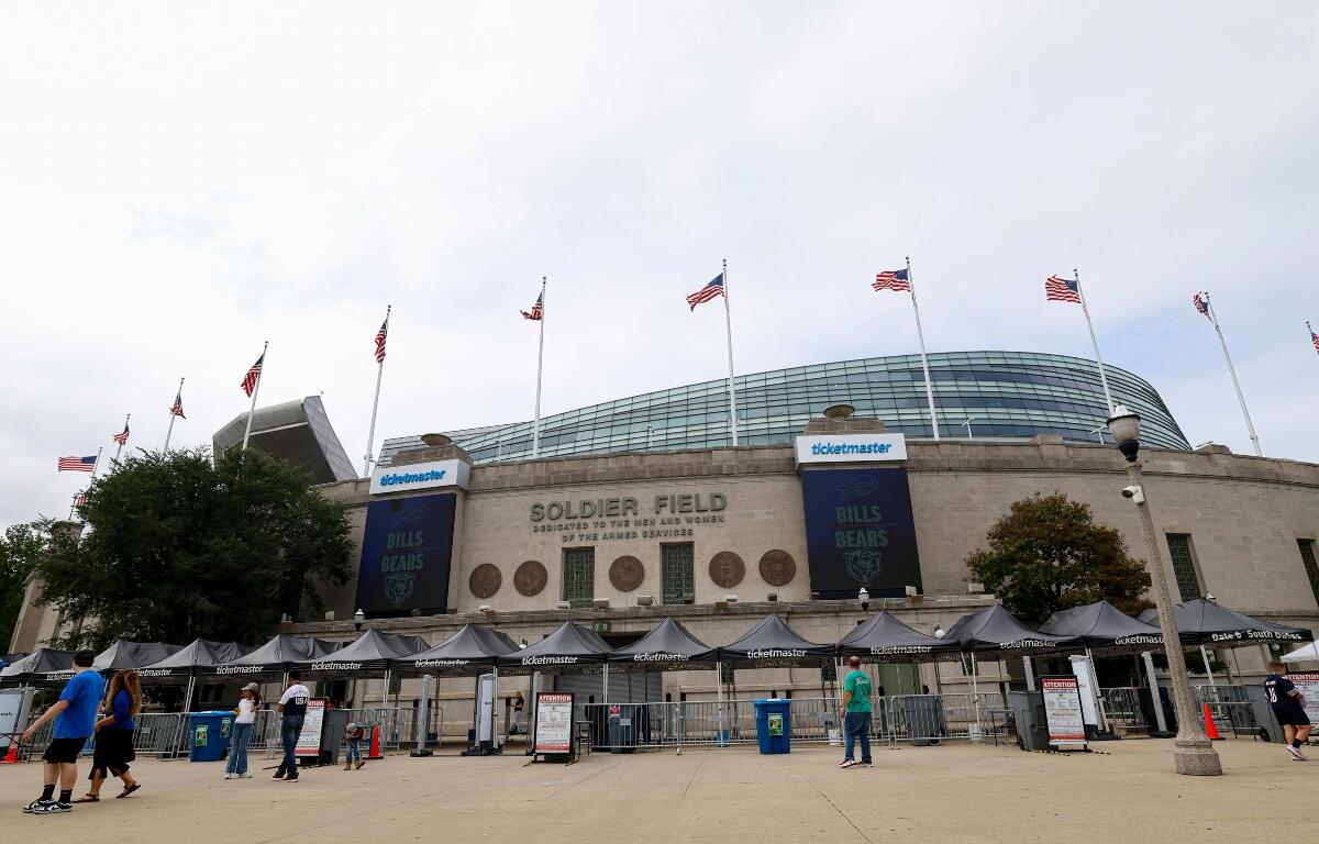 FILE - A general exterior view of Soldier Field is seen prior to an NFL preseason football game, Aug. 17, 2025, in Chicago.